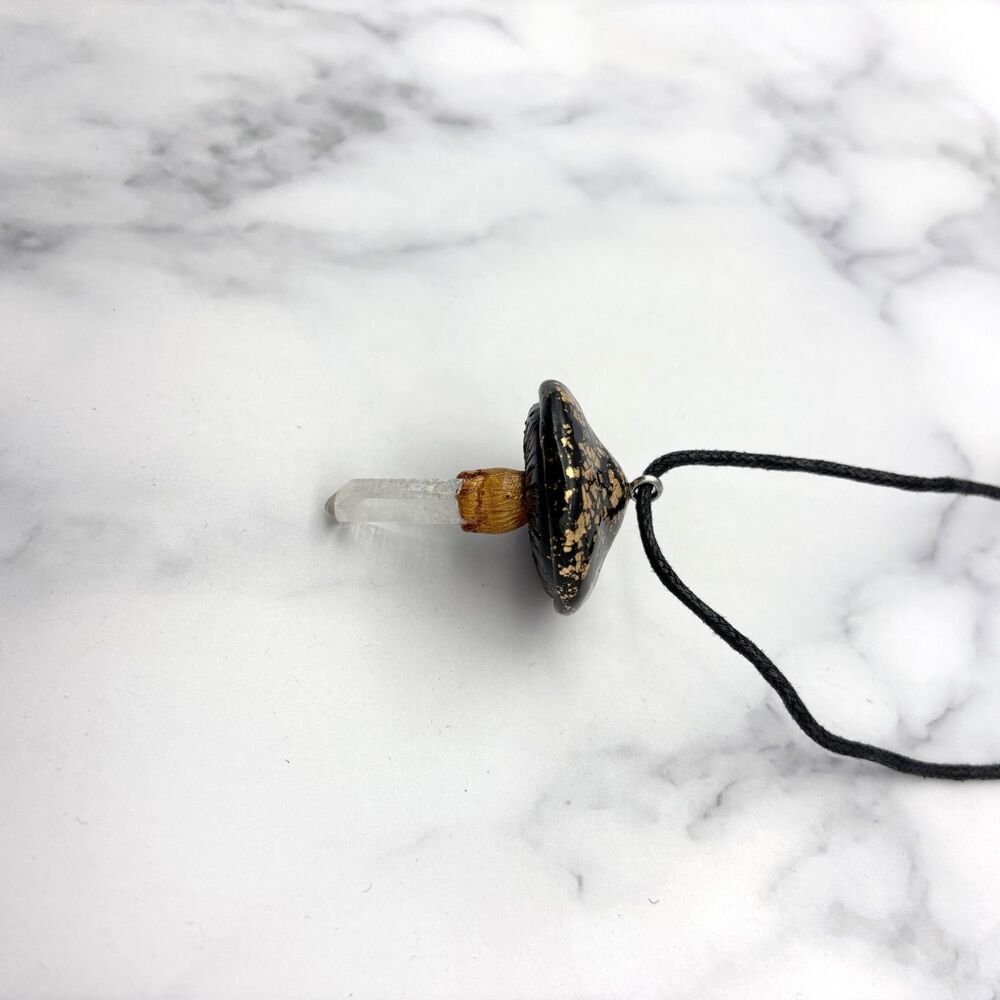 Black Mushroom Necklace with Quartz Crystal | Gold Leaf Polymer Clay Pendant - Picture 7 of 8